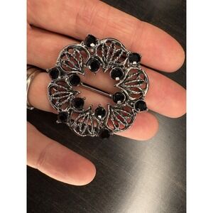 Vintage Silver Tone Black Rhinestone Wreath Brooch Openwork Floral Pin